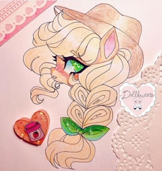 Size: 720x758 | Tagged: safe, artist:dollbunnie, applejack, earth pony, pony, g4, applejack's hat, braid, colored pencil drawing, cowboy hat, female, hat, looking at you, smiling, solo, traditional art