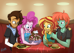 Size: 1600x1151 | Tagged: safe, artist:moostargazer, pinkie pie, sunset shimmer, oc, oc:copper plume, oc:ruby sword, equestria girls, g4, burger, canon x oc, chocolate syrup, clothes, commission, commissioner:imperfectxiii, copperpie, diner, double date, drink, female, food, freckles, french fries, glasses, hamburger, ice cream, jewelry, male, neckerchief, necklace, sandwich, shipping, shirt, sleeveless, smiling, soda, straight, sundae, sunsword