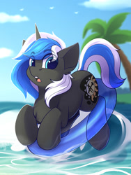 Size: 1500x2000 | Tagged: safe, artist:shadowreindeer, oc, oc only, oc:equui-nox, pony, unicorn, commission, inflatable, inner tube, palm tree, solo, tree, water, ych result