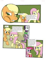 Size: 1700x2216 | Tagged: safe, artist:cmara, applejack, fluttershy, pinkie pie, rarity, spike, dragon, earth pony, pegasus, pony, unicorn, comic:i'm busy, g4, abuse, angry, bruised, comic, crying, eating, female, flutterrage, food, gritted teeth, hug, implied rainbow dash, makeup, male, mare, mascara, one eye closed, open mouth, popcorn, raised hoof, running makeup, sad, scared, underhoof, winged spike, wings