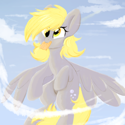 Size: 2000x2000 | Tagged: safe, artist:thieftea, derpy hooves, pegasus, pony, g4, cloud, cute, derpabetes, female, flying, high res, mare, mouth hold, sky, solo, spread wings, wings