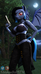 Size: 2160x3840 | Tagged: safe, artist:shadowboltsfm, oc, oc:midnight grave, bat pony, anthro, plantigrade anthro, 3d, 4k, bat pony oc, bat wings, black nail polish, breasts, clothes, gun, hand on hip, high res, looking at you, moon, night, smiling, source filmmaker, standing, weapon, wings