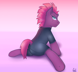 Size: 3128x2914 | Tagged: safe, artist:legionsunite, tempest shadow, pony, unicorn, g4, bodysuit, broken horn, clothes, female, high res, horn, looking at you, looking back, looking back at you, mare, simple background, solo, splits