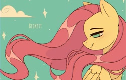 Size: 1280x820 | Tagged: safe, artist:plinckyctt, fluttershy, pegasus, pony, g4, blushing, bust, cloud, female, folded wings, lidded eyes, looking down, mare, no pupils, profile, smiling, solo, turned head, windswept mane, wings