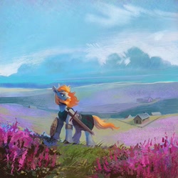 Size: 1024x1020 | Tagged: safe, artist:dearmary, oc, oc only, oc:targe rose, earth pony, pony, color porn, farmland, field, houses, male, not rockhoof, scenery, scenery porn, shield, solo, sword, weapon