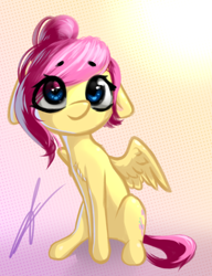 Size: 790x1026 | Tagged: safe, artist:thatdreamerarts, fluttershy, pegasus, pony, g4, alternate hairstyle, chest fluff, cute, female, floppy ears, looking up, mare, short mane, shyabetes, sitting, smiling, solo, spread wings, turned head, wings