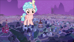Size: 3840x2160 | Tagged: safe, artist:foxy-noxy, artist:vector-brony, edit, editor:jaredking779, cozy glow, pegasus, pony, g4, cozybetes, cute, female, filly, giant pegasus, giant pony, high res, macro, night, ponyville, ponyville town hall, solo, sweet apple acres, this will not end well