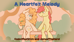 Size: 3840x2160 | Tagged: safe, artist:cadetredshirt, bright mac, pear butter, earth pony, pony, g4, bench, cowboy hat, digital art, ear fluff, female, hat, high res, male, ship:brightbutter, shipping, sitting, straight, thumbnail, tree