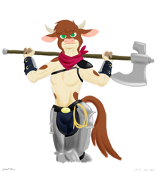 Size: 2600x2800 | Tagged: safe, artist:rockhoppr3, arizona (tfh), cow, anthro, them's fightin' herds, armor, axe, bandana, barbie doll anatomy, bracer, breasts, chainmail, clothes, community related, fantasy class, featureless breasts, female, high res, looking at you, partial nudity, rope, solo, topless, weapon