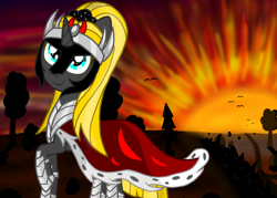 Size: 1400x1000 | Tagged: safe, artist:php185, oc, oc only, oc:sombra light, oc:sparkle light, pony, unicorn, armor, autumn, cape, clothes, crown, female, jewelry, long hair, regalia, shadow, solo, sunset, tree