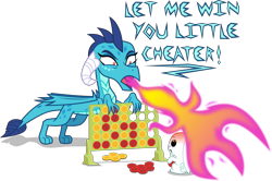 Size: 6969x4614 | Tagged: safe, artist:kmlp, derpibooru exclusive, angel bunny, princess ember, dragon, rabbit, g4, abuse, angelbuse, angry, animal, animal abuse, connect four, fire, fire breath, simple background, sore loser, this will end in death, transparent background, vector