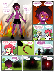 Size: 832x1094 | Tagged: safe, artist:crydius, apple bloom, oc, oc:eldritch, oc:feral (crydius), oc:gamma, comic:the first year's dodgeball competition, equestria girls, g4, magical lesbian spawn, offspring, parent:oc:crydius, parent:sci-twi, parent:sunset shimmer, parent:tempest shadow, parents:canon x oc, parents:crydiusshadow, parents:scitwishimmer, speech bubble, well that escalated quickly, xk-class end-of-the-world scenario