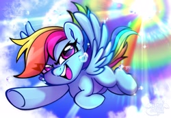 Size: 3078x2118 | Tagged: safe, artist:techycutie, rainbow dash, pegasus, pony, double rainboom, g4, cloud, dive, female, flying, high res, lightly watermarked, open mouth, rainbow trail, sky, solo, sonic rainboom, sun, sunshine, water droplet, watermark
