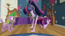 Size: 3840x2160 | Tagged: safe, artist:northern haste, sci-twi, spike, spike the regular dog, twilight sparkle, dog, equestria girls, g4, 3d, 4k, bed, bedroom, dogified, high res, paws, potion, source filmmaker, species swap, tail, tongue out, transformation, twilight barkle