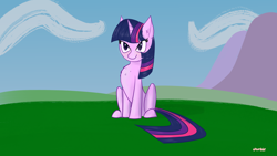 Size: 3840x2160 | Tagged: safe, artist:purblehoers, twilight sparkle, pony, unicorn, g4, blushing, chest fluff, cute, ear fluff, female, grass, high res, outdoors, simple background, sitting, snootle, solo, twiabetes, unicorn twilight