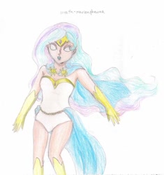 Size: 720x767 | Tagged: safe, artist:wrath-marionphauna, princess celestia, human, g4, boots, cape, clothes, colored pencil drawing, female, gloves, humanized, jewelry, leotard, lipstick, shoes, solo, superhero, tiara, traditional art, white eyes
