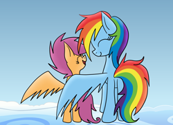 Size: 2200x1600 | Tagged: safe, artist:yourfavoritelove, rainbow dash, scootaloo, pegasus, pony, g4, cloud, cute, duo, eyes closed, female, filly, hug, mare, on a cloud, open mouth, scootalove, sky, smiling, winghug