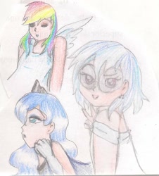 Size: 720x798 | Tagged: safe, artist:wrath-marionphauna, dj pon-3, princess luna, rainbow dash, vinyl scratch, human, g4, clothes, colored pencil drawing, crown, ear piercing, earring, eyes closed, humanized, jewelry, peace sign, piercing, regalia, sunglasses, traditional art, winged humanization, wings