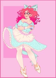 Size: 1280x1778 | Tagged: safe, artist:copshop, oc, oc only, human, bow, clothes, dress, glasses, hair bow, humanized, not pinkie pie, solo, stockings, thigh highs