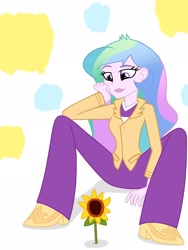 Size: 1536x2048 | Tagged: safe, artist:justsomepainter11, princess celestia, principal celestia, equestria girls, g4, calm, clothes, flower, missing accessory, pants, shoes, show accurate, simple background, sitting, spread legs, spreading, sunflower, white background