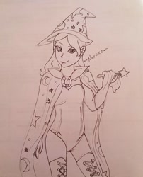 Size: 777x960 | Tagged: safe, artist:wrath-marionphauna, trixie, human, g4, boots, cape, clothes, corset, crossover, female, gloves, hat, humanized, leotard, pen drawing, shoes, smiling, solo, traditional art, trixie's cape, trixie's hat, wand