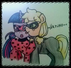 Size: 403x384 | Tagged: safe, artist:wrath-marionphauna, applejack, twilight sparkle, earth pony, insect, ladybug, pony, unicorn, g4, adrien agreste, becoming what you fear, bell, chat noir, colored pencil drawing, crossover, female, irony, ladybug (miraculous ladybug), lesbian, licking, marinette dupain-cheng, marker drawing, mask, miraculous ladybug, one eye closed, pigtails, ship:twijack, shipping, tongue out, traditional art, wink