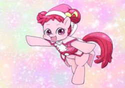 Size: 659x465 | Tagged: safe, artist:yutoraru, pony, animated, anime, bipedal, clothes, crossover, dancing, doremi harukaze, dorie goodwyn, female, hat, japanese, ojamajo doremi, open mouth, ponified, smiling, solo, witch apprentice