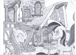 Size: 1024x745 | Tagged: safe, artist:dandereshy, fluttershy, oc, bat pony, pegasus, pony, g4, bat pony oc, bat wings, blushing, commission, cute, female, grass, hat, hearts and hooves day, house, male, monochrome, pencil drawing, ponyville, shyabetes, smiling, traditional art, wings