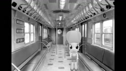 Size: 1334x750 | Tagged: safe, artist:topsangtheman, golden hooves (g4), earth pony, pony, g4, 3d, irl, looking at you, monochrome, new york city, new york city subway, photo, ponies in real life, solo, source filmmaker