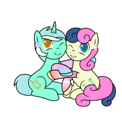 Size: 262x272 | Tagged: safe, artist:icicle-niceicle-1517, artist:kb-gamerartist, color edit, edit, bon bon, lyra heartstrings, sweetie drops, earth pony, pony, unicorn, g4, bisexual pride flag, cheek to cheek, clothes, collaboration, colored, ear piercing, earring, female, grin, heart, hug, jewelry, lesbian, lesbian pride flag, mare, one eye closed, piercing, pride, pride flag, pride socks, raised hoof, ship:lyrabon, shipping, simple background, sitting, smiling, socks, striped socks, transparent background