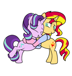 Size: 247x260 | Tagged: safe, artist:icicle-niceicle-1517, artist:kb-gamerartist, color edit, edit, starlight glimmer, sunset shimmer, pony, unicorn, g4, bipedal, bisexual pride flag, clothes, collaboration, colored, ear piercing, earring, eyes closed, female, grin, hug, jewelry, lesbian, mare, piercing, pride, pride flag, pride socks, raised hoof, raised leg, ship:shimmerglimmer, shipping, simple background, smiling, socks, striped socks, transparent background