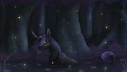 Size: 1920x1080 | Tagged: safe, artist:chrystal_company, oc, oc only, pony, unicorn, forest, horn, jewelry, necklace, outdoors, pond, solo, tree, unicorn oc