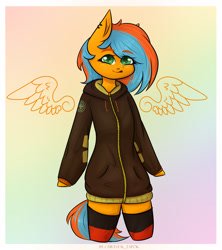 Size: 2520x2835 | Tagged: safe, artist:chrystal_company, oc, oc only, oc:kaspar, pegasus, anthro, abstract background, clothes, high res, pegasus oc, solo, wings