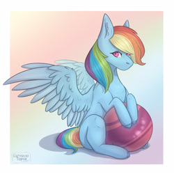 Size: 2756x2756 | Tagged: safe, artist:chrystal_company, rainbow dash, pegasus, pony, g4, abstract background, ball, female, gradient background, high res, sitting, solo