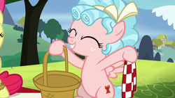 Size: 1280x720 | Tagged: safe, screencap, apple bloom, cozy glow, earth pony, pegasus, pony, g4, marks for effort, basket, belly, cozybetes, cute, female, filly, foal, picnic, picnic basket, picnic blanket