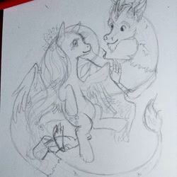 Size: 1080x1080 | Tagged: safe, artist:tajee_art, discord, fluttershy, draconequus, pegasus, pony, g4, female, flower, flower in hair, lineart, looking at each other, male, mare, ship:discoshy, shipping, smiling, straight, traditional art