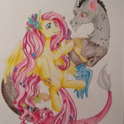 Size: 1080x1080 | Tagged: safe, alternate version, artist:tajee_art, discord, fluttershy, draconequus, pegasus, pony, g4, female, flower, flower in hair, looking at each other, male, mare, ship:discoshy, shipping, smiling, straight, traditional art