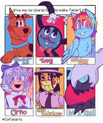 Size: 1715x2048 | Tagged: safe, artist:monavat, rainbow dash, darkrai, dog, fairy, pegasus, pony, anthro, g4, :d, :p, anthro with ponies, bowtie, bust, chest fluff, cirno, clock, clothes, collar, crossover, don't hug me i'm scared, female, gloves, hat, male, mare, marionette, necktie, open mouth, pokémon, scooby-doo!, showdown bandit, six fanarts, tongue out, tony the talking clock, touhou