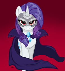 Size: 1700x1836 | Tagged: safe, artist:lennondash, idw, pony, unicorn, ponies of dark water, cape, clothes, doctor doom, doctor doomity, female, mare, mask, red background, red eyes, simple background, solo