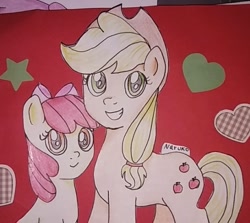 Size: 687x612 | Tagged: safe, artist:wrath-marionphauna, apple bloom, applejack, g4, applejack's hat, bow, colored pencil drawing, cowboy hat, female, hair bow, hat, siblings, sisters, smiling, traditional art