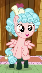 Size: 413x715 | Tagged: safe, screencap, cozy glow, pegasus, pony, g4, marks for effort, cozybetes, cute, female, filly, freckles, looking at you, solo, stool