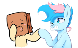 Size: 679x418 | Tagged: safe, artist:maren, artist:paperbagpony, oc, oc:blue chewings, oc:paper bag, earth pony, pony, blushing, chew toy, collaboration, holding hooves