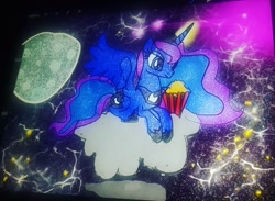 Size: 1080x792 | Tagged: safe, artist:bellas.den, princess luna, alicorn, pony, g4, cloud, female, food, full moon, glowing horn, hoof shoes, horn, mare, moon, night, on a cloud, popcorn, prone, solo, stars