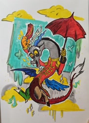 Size: 2099x2907 | Tagged: safe, artist:alom-b93, discord, draconequus, g4, fanfic art, flying, high res, male, open mouth, smiling, solo, traditional art, umbrella