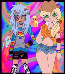 Size: 1080x1225 | Tagged: safe, artist:king.hotd, applejack, earth pony, human, pegasus, pony, g4, abstract background, alternate hairstyle, clothes, daisy dukes, female, fingerless gloves, glasses, gloves, hat, humanized, mare, one eye closed, self ponidox, shorts, smiling, wink