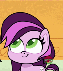 Size: 300x338 | Tagged: safe, screencap, lilith, earth pony, pony, derpibooru, g4.5, how applejack got her hat back, my little pony: pony life, animated, cropped, cute, everything is ruined, female, forced juxtaposition, gif, juxtaposition, juxtaposition win, mare, meme, meta, solo, squishy cube, treehouse logo