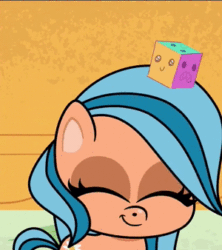 Size: 300x338 | Tagged: safe, screencap, orange zest, earth pony, pony, derpibooru, g4.5, how applejack got her hat back, my little pony: pony life, animated, cropped, cute, everything is ruined, female, forced juxtaposition, gif, juxtaposition, juxtaposition win, mare, meme, meta, solo, squishy cube
