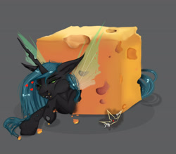 Size: 4000x3500 | Tagged: safe, artist:martazap3, queen chrysalis, changeling, changeling queen, g4, cheese, eating, female, floating heart, floppy ears, food, gray background, heart, puffy cheeks, queen, queen swissalis, simple background, solo