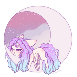Size: 590x590 | Tagged: safe, artist:moonwolf96, oc, oc only, oc:natalie moon, pegasus, pony, chibi, cloud, female, gradient mane, gradient tail, mare, moon, night, night sky, open mouth, simple background, sky, sleeping, sleeping on moon, solo, stars, tail, tangible heavenly object, transparent background, wings, wings down