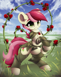 Size: 1917x2412 | Tagged: safe, artist:hitbass, roseluck, earth pony, pony, g4, clothes, ear fluff, female, flower, mare, rose, solo